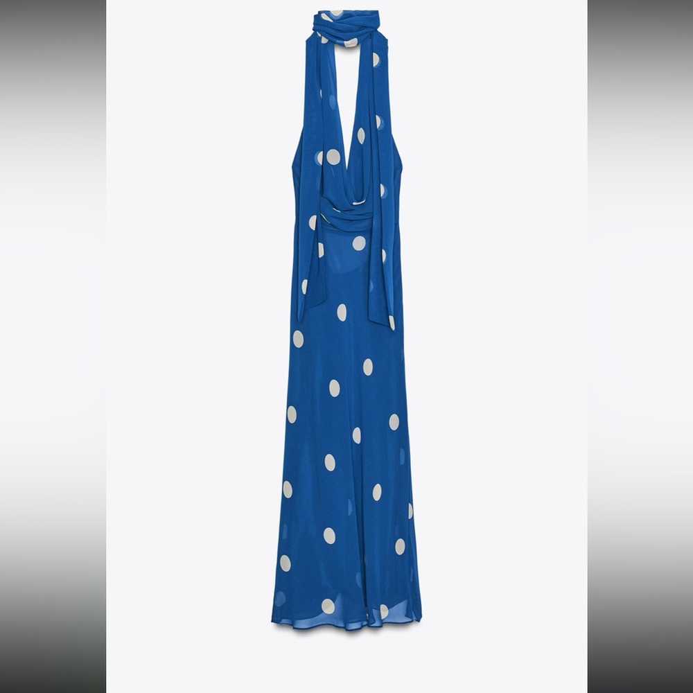 ZARA Blue Polka Dot Halter Backless Maxi w/ Neck Scarf Tie - Picture 4 of 6